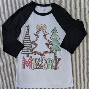 Bella Canvas Black and White 3/4 Sleeve Tee with Festive Graphic